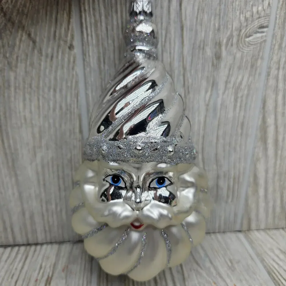 Vintage Santa Claus Glass Christmas Ornament Silver Glitter Hand Painted 6 Inch